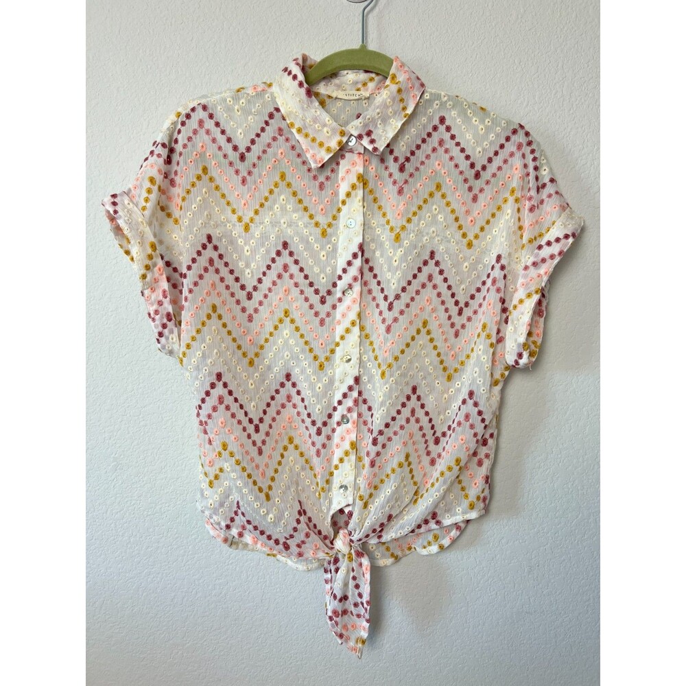 LOVESTITCH Embroidered Sheer Button Up Shirt Top Size Small Tie Front Boho